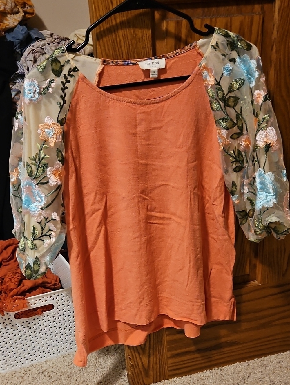 Umgee Coral Puff Sleeve Blouse with Floral Embroidered Sheer Sleeves